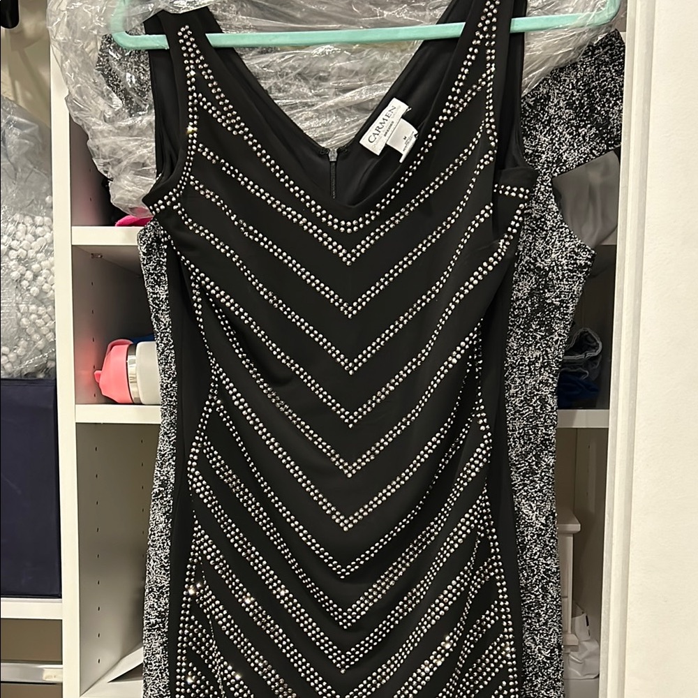 Carmen Marc Valvo Black and Silver Bodycon Mini Dress